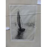 WILLIAM WYLLIE (1851-1931) FISHING BOAT IN ESTUARY- PENCIL SIGNED AND BLIND STAMPED ETCHING