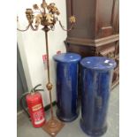 A PAIR OF LARGE BLUE GLAZED POTTERY PEDESTAL AND A CANDELABRA.