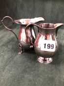 TWO SILVER BALUSTER CREAM JUGS: ONE BY J GLOSTER LTD, BIRMINGHAM 1977, WITH CUT WORK RIM AND THREE