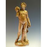 AN 18th C. TERRACOTTA FIGURE OF A NAKED MAN STANDING WITH A FAUN ON HIS SHOULDER. H 43cms.FROM THE