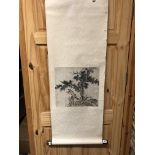 A CHINESE SCROLL DEPICTING LINGZHIH FUNGUS GROWING AMONGST ROCKS BELOW A TREE. 35 x 37cms.