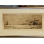 W.L. WYLLIE (1851-1931) A PORT SCENE, PENCIL SIGNED ETCHING. 24 x 52cms