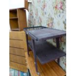 A MID CENTURY SERVING TROLLEY, AN OAK SMALL SIDE CABINET, AND A PINE WALL SHELF.