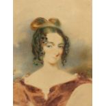 19th CENTURY ENGLISH SCHOOL, PORTRAIT OF A YOUNG LADY SIGNED "SKINNER" WATERCOLOUR IN A SHAPED MOUNT