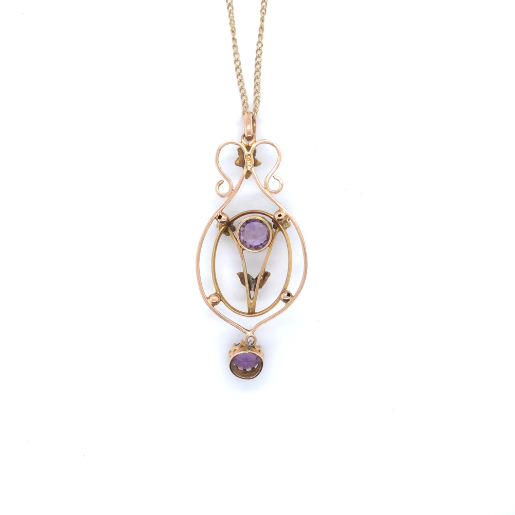 A ANTIQUE 9ct GOLD, AMETHYST AND SEED PEARL ART NOUVEAU STYLE PENDANT...