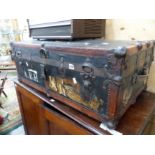 A GOOD QUALITY LEATHER AND IRON BOUND CABIN TRUNK, BY J GRANT.