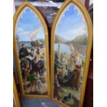 A SET OF FOUR LANCEOLATE FRAMED CANVAS PANELS PAINTED WITH SCENES OF THE LIVES OF SAINTLY MONKS,
