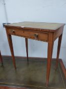 A LATE 19th C. SATINWOOD WRITING TABLE, THE LEATHER INSET TOP ABOVE A DRAWER FITTED WITH A PEN