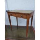 A LATE 19th C. SATINWOOD WRITING TABLE, THE LEATHER INSET TOP ABOVE A DRAWER FITTED WITH A PEN