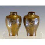 NOGAWA NOBURU, A PAIR OF BRONZE VASES INLAID IN SILVER AND SHAKUDO WITH CHERRY BLOSSOMS. H 9cms.