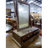 A 19th CENTURY MAHOGANY DRESSING TABLE MIRROR WITH THREE DRAWER BASE.