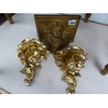 A PAIR OF SMALL CARVED GILT WOOD ITALIANATE WALL BRACKETS AND A PLASTER EXAMPLE WITH ANGELIC