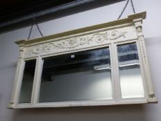 A 19th C. CREAM PAINTED OVERMANTLE MIRROR, THE BEADED CRESTING FLANKED BY ANTHEMION MOULDINGS ABOVE