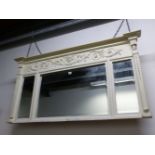A 19th C. CREAM PAINTED OVERMANTLE MIRROR, THE BEADED CRESTING FLANKED BY ANTHEMION MOULDINGS ABOVE
