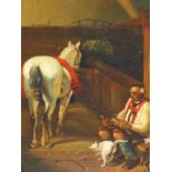 19th CENTURY CONTINENTAL SCHOOL, "THE FARRIER" OIL ON PANEL. 21 x 17cms