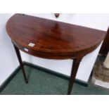 A 20th C. BARBERS POLE LINE INLAID MAHOGANY DEMILUNE PIER TABLE WITH THE TWO SQUARE SECTIONED LEGS