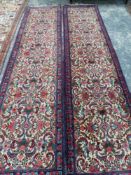 A PAIR OF GOOD QUALITY PERSIAN TABRIZ RUNNERS 385 x 92 cms (2)