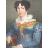 EARLY 19th CENTURY CONTINENTAL SCHOOL PORTRAIT OF A YOUNG LADY HOLDING A BOOK, OIL ON CANVAS, 82 x