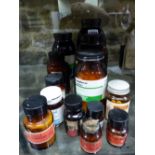 THIRTEEN CYLINDRICAL BROWN GLASS PHARMACY BOTTLES WITH ROUNDED SHOULDERS AND MAINLY WITH SCREW CAPS,