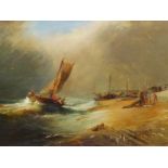 19th CENTURY ENGLISH SCHOOL "BRINGING THE CATCH ASHORE" OIL ON CANVAS, 46 x 66cms