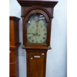 A 19th CENTURY OAK CASED LONG CASE CLOCK WITH PAINTED ARCH DIAL SIGNED CYREUS CREER, TETBURY.