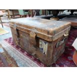 A LARGE LEATHER CABIN TRUNK. H 49 X W 88 X D 50cms.