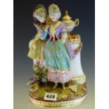 A MEISSEN GROUP OF A LADY CONSOLING ANOTHER AS THEY STAND BY A COLUMN BEARING CUPIDS QUIVER, A