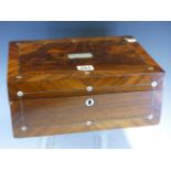 A VICTORIAN MOTHER OF PEARL INLAID ROSEWOOD BOX. W 30cms. TOGETHER WITH A MAHOGANY HUMIDOR, THE