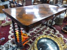 A 19th C. ROSEWOOD SIDE TABLE, THE CROSS BANDED RECTANGULAR TOP INLAID WITH DIAMOND SHAPES OF BURR