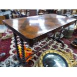 A 19th C. ROSEWOOD SIDE TABLE, THE CROSS BANDED RECTANGULAR TOP INLAID WITH DIAMOND SHAPES OF BURR