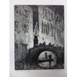 FOUR 20th C. PENCIL SIGNED ETCHINGS OF CONTINENTAL VIEWS, INCLUDING FRED FARRELL (1882-1935) PONT
