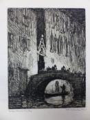 FOUR 20th C. PENCIL SIGNED ETCHINGS OF CONTINENTAL VIEWS, INCLUDING FRED FARRELL (1882-1935) PONT