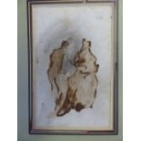 OLD MASTER SCHOOL , AN INTERESTING INK DRAWING OF TWO FIGURES MOUNTED BUT UNFRAMED 15 x 10 cms