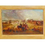 19th CENTURY ENGLISH SCHOOL " THE BATTLEFIELD" OIL ON PAPER LAID ON BOARD INSCRIBED INDISTINCTLY