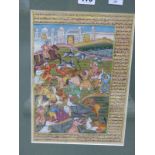 FOUR 19th C. INDIAN ILLUMINATED MANUSCRIPT PAGES PAINTED WITH SCENES OF WARRIORS, HUNTERS AND