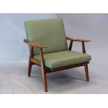 A 1960's DANISH TEAK ARMCHAIR, THE TWO HORIZONTAL BARS TO THE BACK AND THE RUBBER STRAP SEAT COVERE