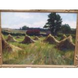 SHERWOOD? (19th/20th C. ENGLISH SCHOOL) HAYSTACKS, SIGNED INDISTINCTLY, OIL ON CANVAS. 36 x 46cms