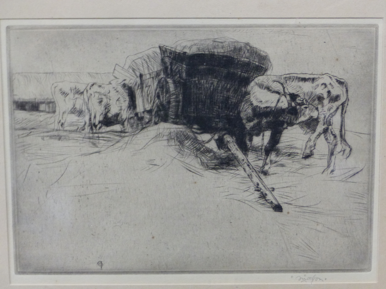 JOHN NICOLSON (1891-1951) CATTLE BY A HAYCART, PENCIL SIGNED ETCHING. 17 x 23cms TOGETHER WITH A