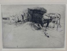 JOHN NICOLSON (1891-1951) CATTLE BY A HAYCART, PENCIL SIGNED ETCHING. 17 x 23cms TOGETHER WITH A