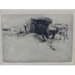 JOHN NICOLSON (1891-1951) CATTLE BY A HAYCART, PENCIL SIGNED ETCHING. 17 x 23cms TOGETHER WITH A