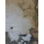 A CHINESE WATERCOLOUR PAINTING OF FIVE SILKIE CHICKS WITH THEIR PARENTS BELOW A TREE AND A STEM OF