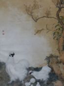 A CHINESE WATERCOLOUR PAINTING OF FIVE SILKIE CHICKS WITH THEIR PARENTS BELOW A TREE AND A STEM OF