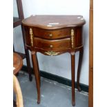 A MODERN FRENCH STYLE WALNUT AND BRASS MOUNTED TWO DRAWER OCCASIONAL TABLE.