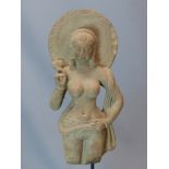 AN INDIAN RED SANDSTONE THREE QUARTER FIGURE OF A LADY HOLDING UP HER RIGHT HAND TO THE BASE OF