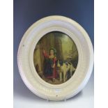 A PAIR OF CONTINENTAL OVAL DECORATIVE 19th CENTURY PICTURES OF FIGURES ON METAL, 24 x 22 cms (2)