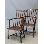 A PAIR OF ANTIQUE MAHOGANY WINDSOR CHAIRS, THE SIX ROD BACKS BELOW SHAPED TOP RAILS AND CENTRALLY J