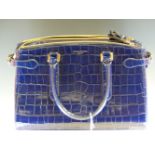 A ASPINAL OF LONDON MIDNIGHT BLUE PATENT CROCODILE EFFECT LEATHER LARGE HANDBAG. L 34 H 25 cms