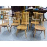 A SET OF EIGHT ERCOL HIGH BACK "GOLDSMITH" MODEL SPINDLE BACK DINING CHAIRS