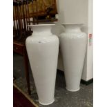 A PAIR OF LARGE WHITE CRACKLE GLAZE TALL FLOOR VASES.