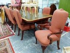 A SET OF SIXTEEN GEORGIAN STYLE MAHOGANY ELBOW CHAIRS UPHOLSTERED IN DIAMOND PATTERNED TERRACOTTA